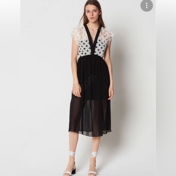 Sandro Paris Lace Trim Midi Dress in Black and White - Picture 7 of 15